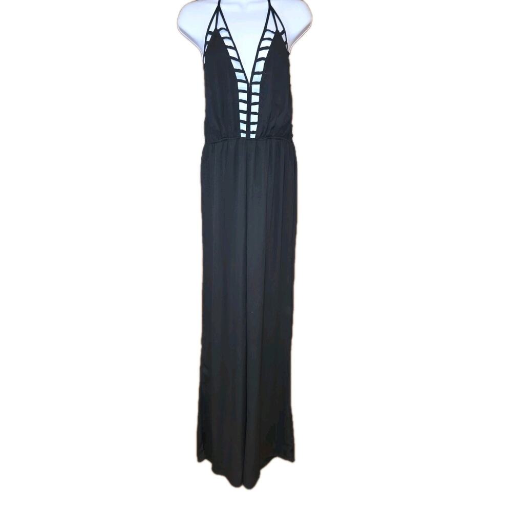 EUC Akira Chicago Black Wide Lef Open Back Cut‎ Out Jumpsuit Romper Sz L